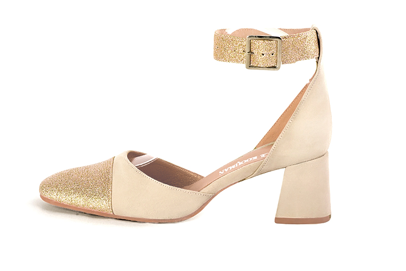 Handcrafted women's comfortable and elegant closed-back heels, with a strap around the ankle in gold and champagne white. Medium flare heels. Round toe. Perfect for women's wedding guest heels, or elevated everyday style. 
                Choose from our luxurious collections of leather and fabric to perfectly match your heels to your outfits. - Florence KOOIJMAN